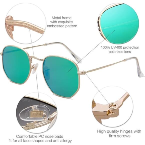 Polarized Sunglasses for Women Men Small Hexagonal Polygon Mirrored Lens